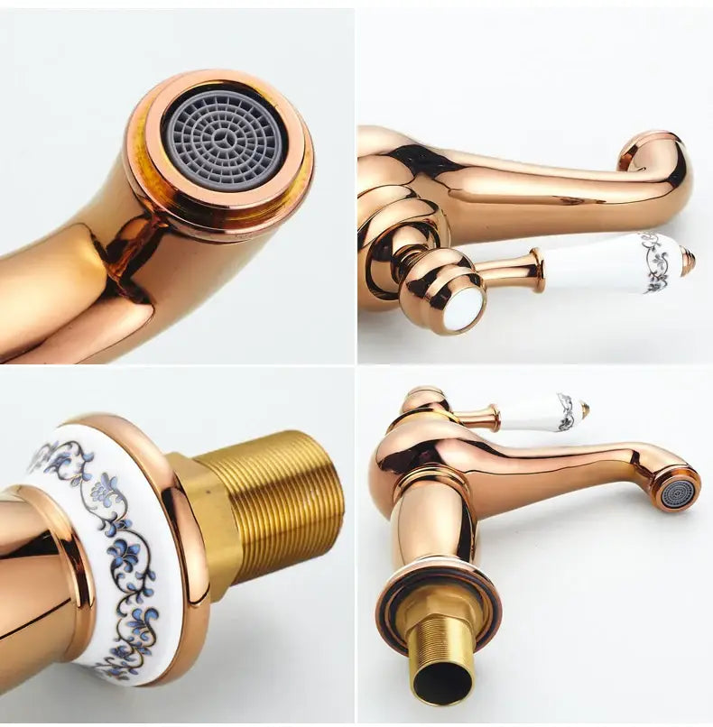 DecorBites antique bronze single handle bathroom faucet with rose gold finish and blue floral ceramic handles real shot details