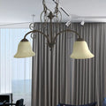 Antique bronze wrought iron bell island pendant light with two cream glass shades for dining room ceiling