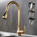 DecorBites antique bronze kitchen faucet with brass finish, curved spout, and pull-down spray head for versatile use