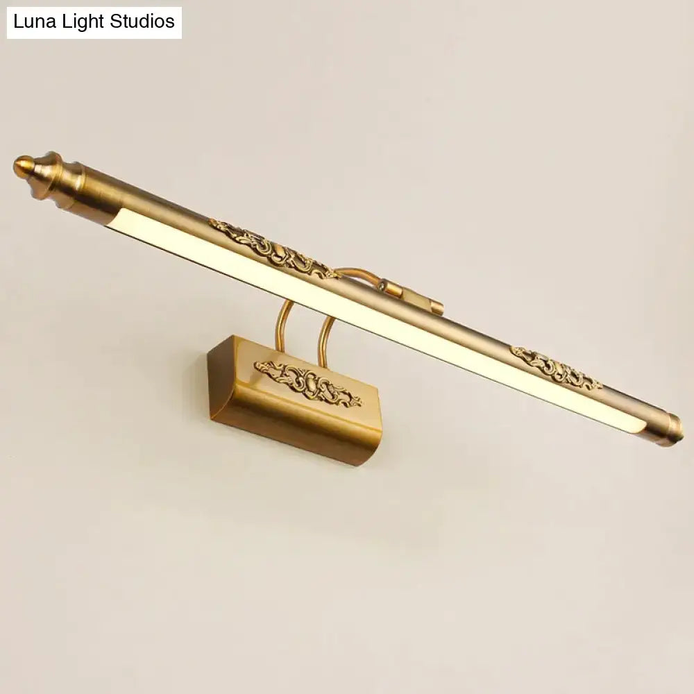 Antique bronze ornate led mirror lamp with brass finish and scrollwork detailing for bathroom wall decor