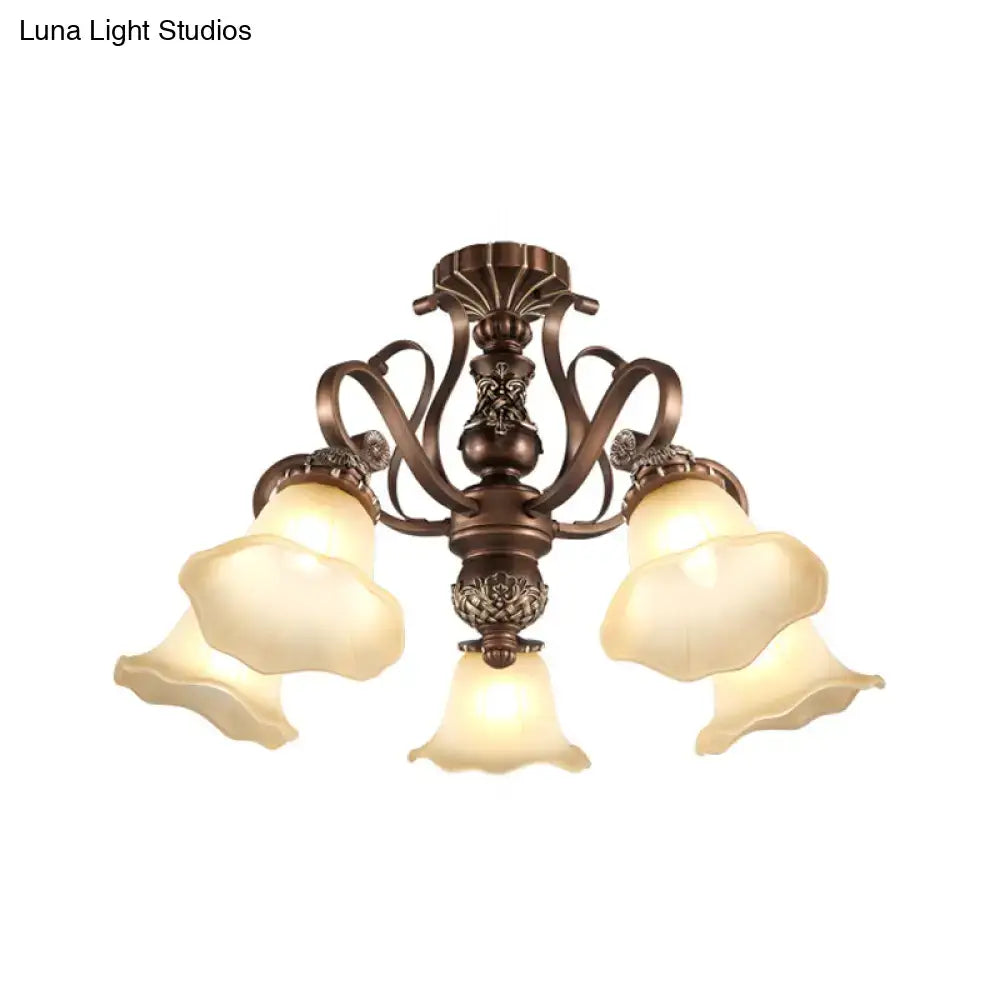 Antique bronze semi flush light with opal glass for living room