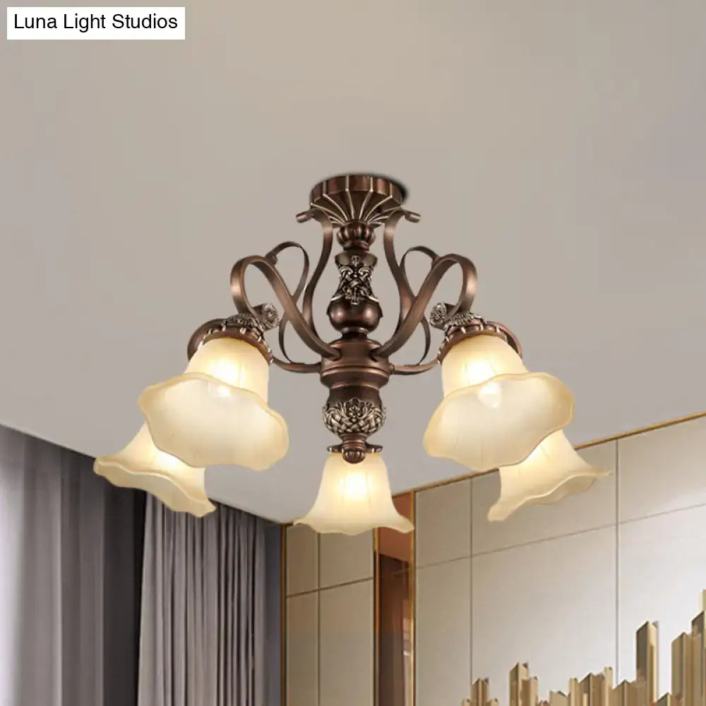 Antique bronze semi flush light with opal glass for living room