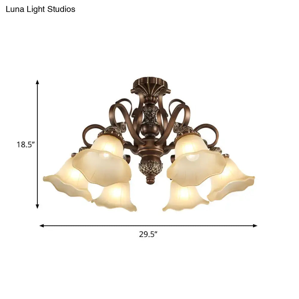 Antique bronze semi flush light with opal glass for living room