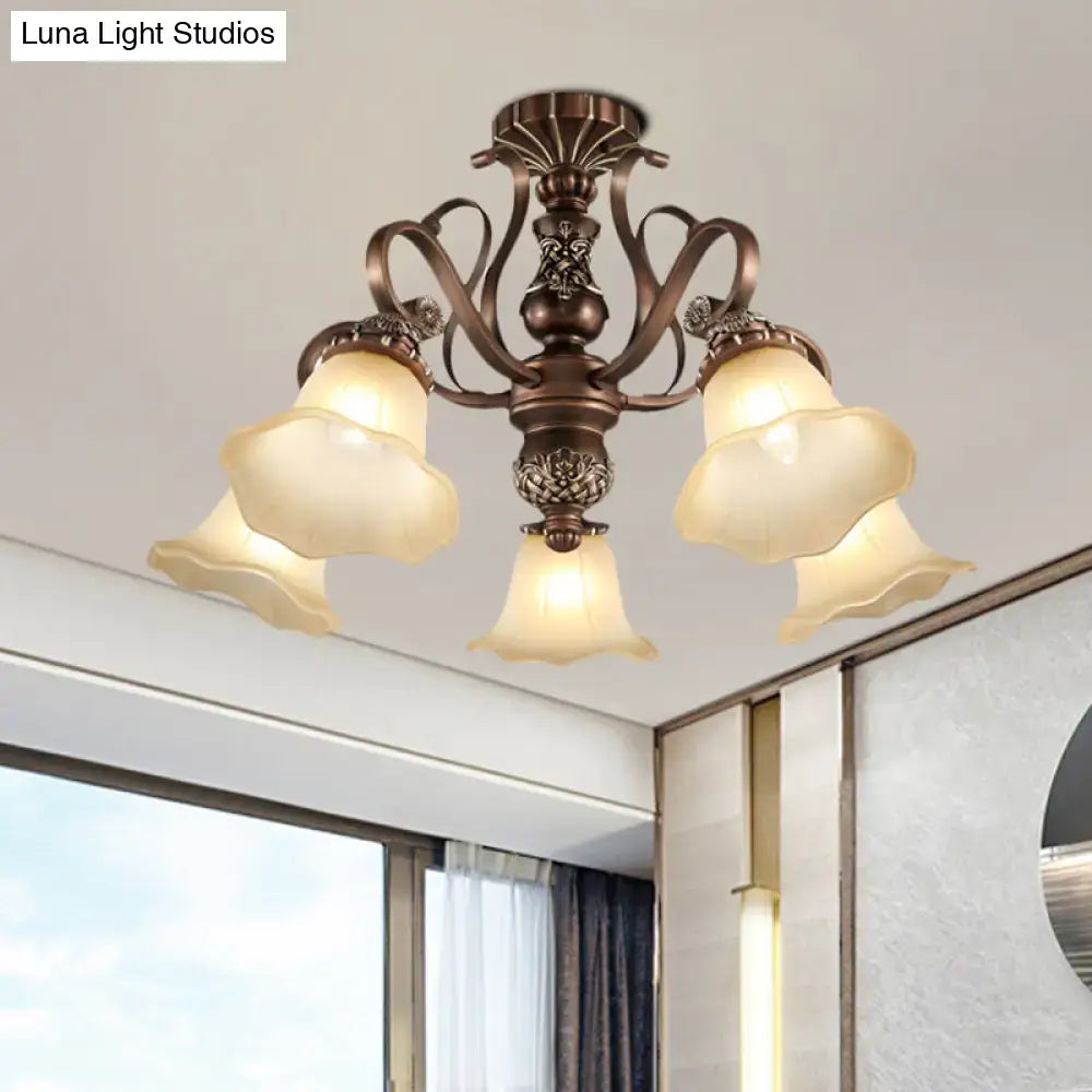 Antique bronze semi flush light with opal glass for living room