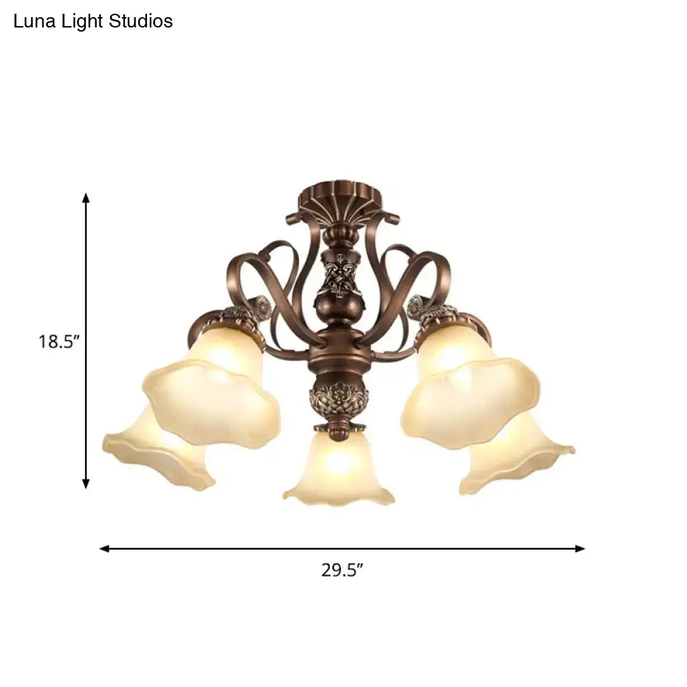 Antique bronze semi flush light with opal glass for living room