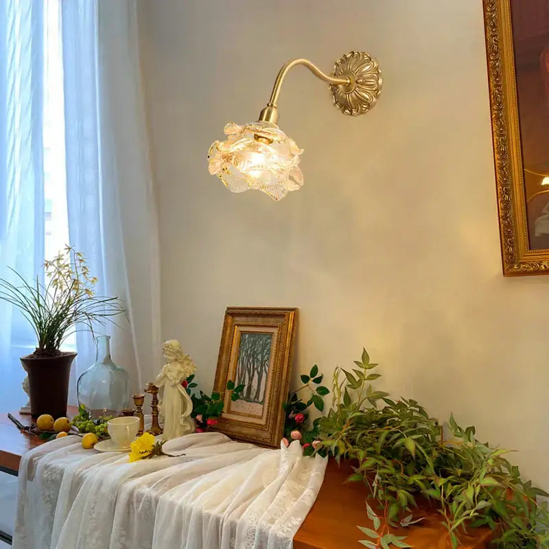 Antique pink rose glass wall lamp bedroom decorbites copper arm