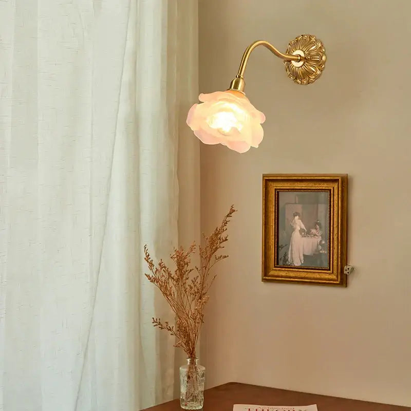 Antique pink rose glass wall lamp bedroom decorbites copper arm
