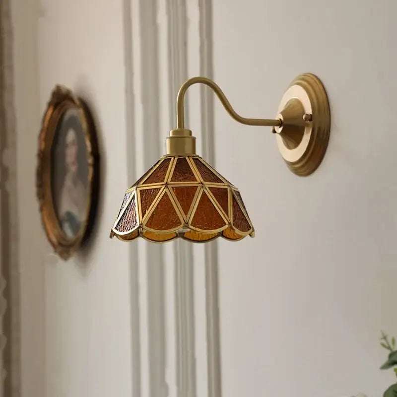 Antique teal glass and brass wall light fixture bedroom sconce