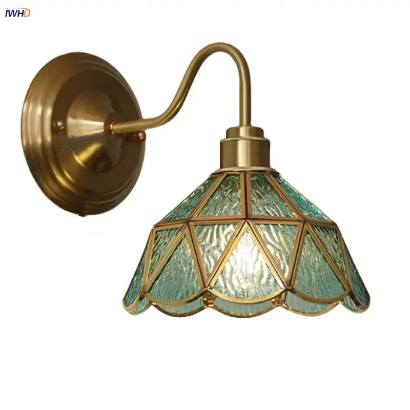 Antique teal glass and brass wall light fixture bedroom sconce