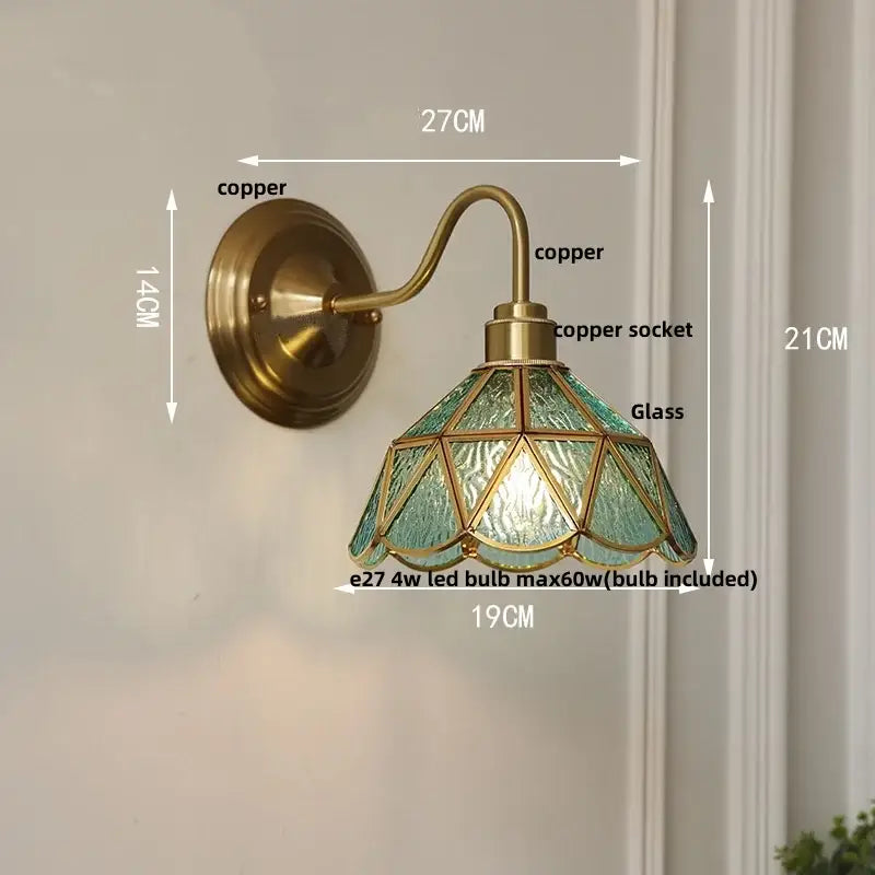 Antique teal glass and brass wall light fixture bedroom sconce