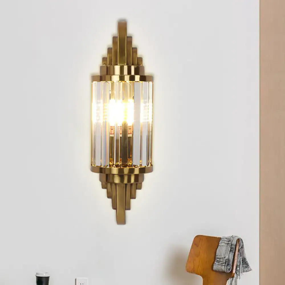 Art deco gold finish wall light with crystal prisms living room