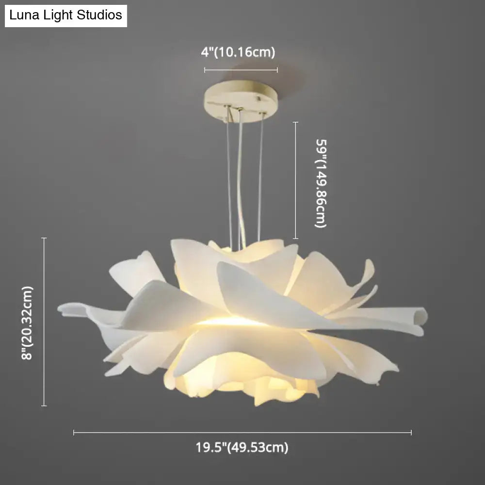 Decorbites™ white tulle-like floral chandelier with layered ceramic petals and adjustable chain cord length for cafe lighting