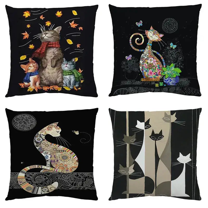 Artistic cat print black cushion covers set of 4 living room decor