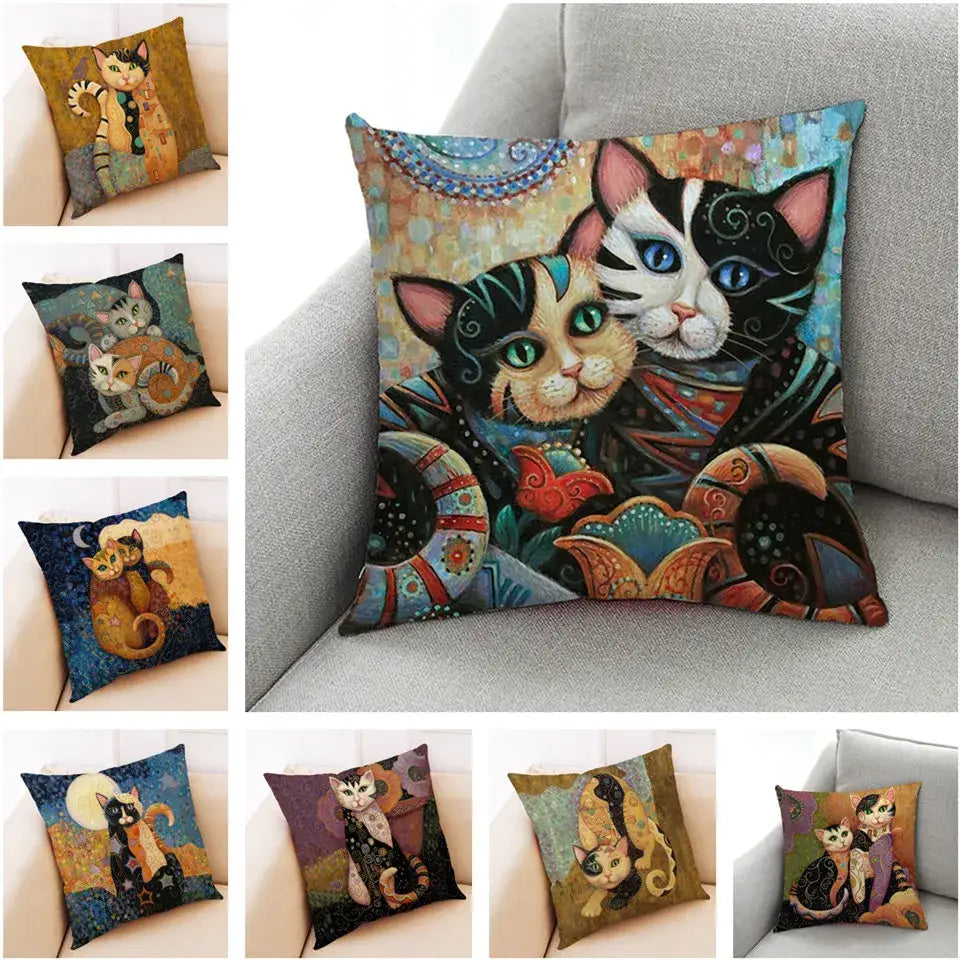 Artistic cat print black cushion covers set of 4 living room decor