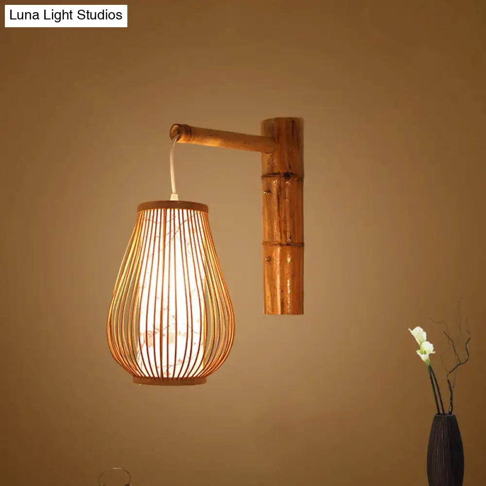 Asian pink cherry blossom bamboo teardrop sconce bedroom wall lamp