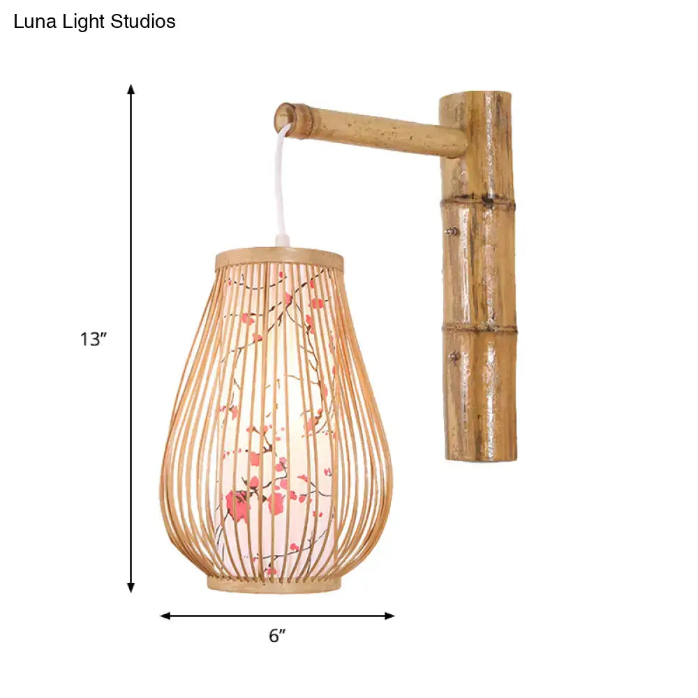 Asian pink cherry blossom bamboo teardrop sconce bedroom wall lamp