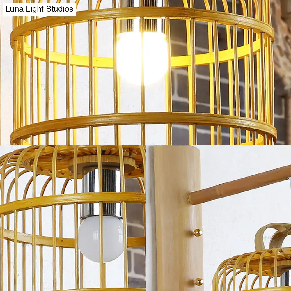 Asian wood cage design wall sconce bedroom white bird deco lamp