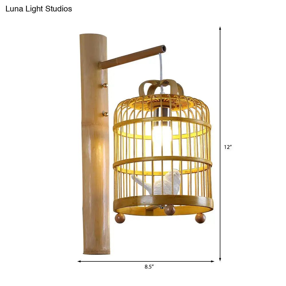 Asian wood cage design wall sconce bedroom white bird deco lamp