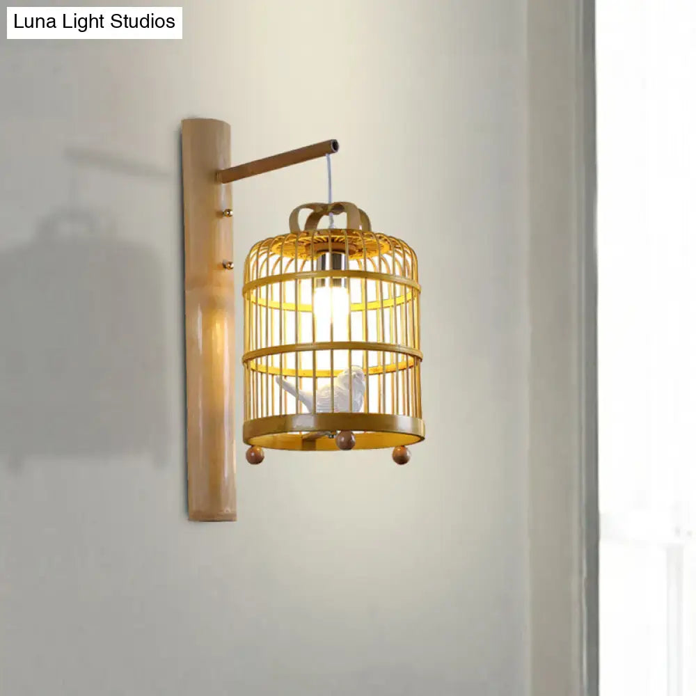 Asian wood cage design wall sconce bedroom white bird deco lamp