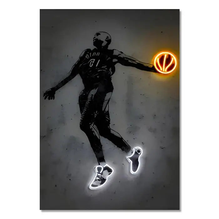 Decorbites athlete pop art canvas prints featuring neon style basketball player silhouette with glowing orange ball for style wall art