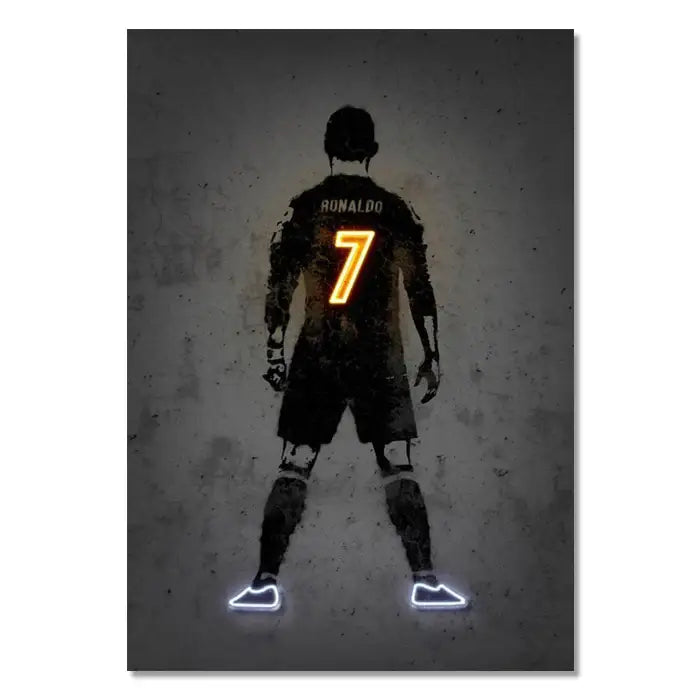 Decorbites athlete pop art canvas prints featuring neon style soccer player in black uniform with glowing orange number 7