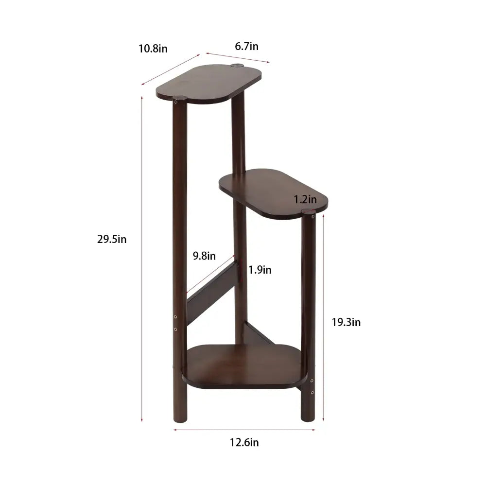 Dark brown bamboo three-tier corner plant stand with oval shelves and angled legs for garden balcony use