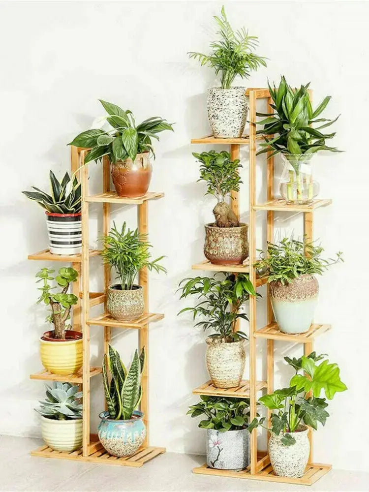 Decorbites 6-tier tall light-colored bamboo plant stand with multiple shelves for indoor outdoor display of potted plants