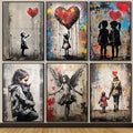 Set of six decorbites™ banksy boy girl balloon canvas prints featuring iconic street art on framed canvas wall art