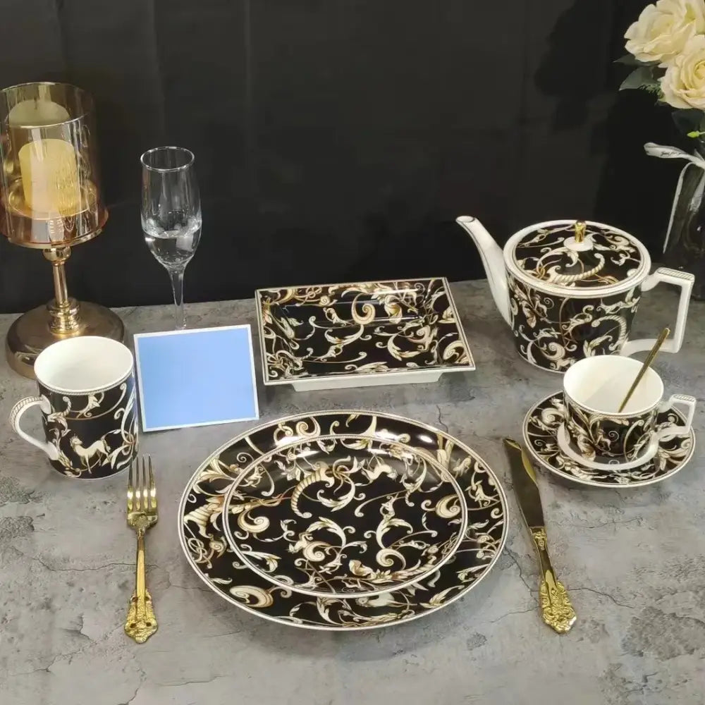 Baroque black & gold porcelain tea set – kitchen black unicorn series