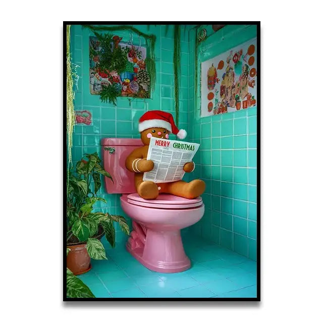 Decorbites gingerbread man wall art print featuring a festive figurine with santa hat on pink toilet holding newspaper