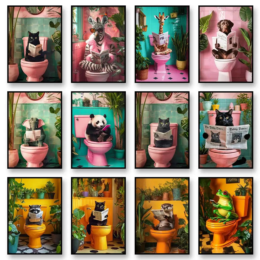 Decorbites™ bathroom cat canvas wall art print featuring whimsical animals reading newspapers on colorful toilets