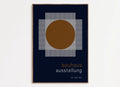 Minimalist decorbites bauhaus geometric art canvas print with bold brown circle on navy grid background for mid-century bauhaus fans