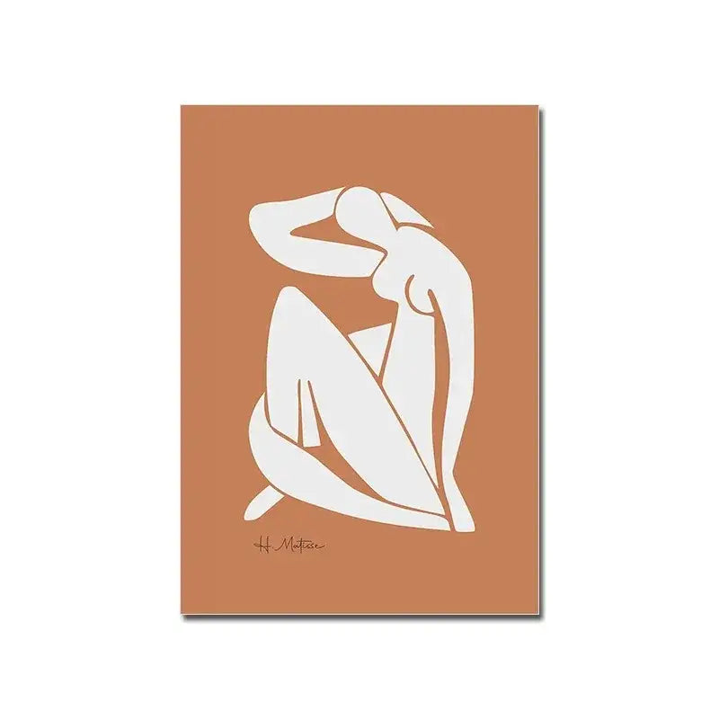 A minimalist white modernist canvas print with a seated figure on terracotta background signed by h for vintage wall art
