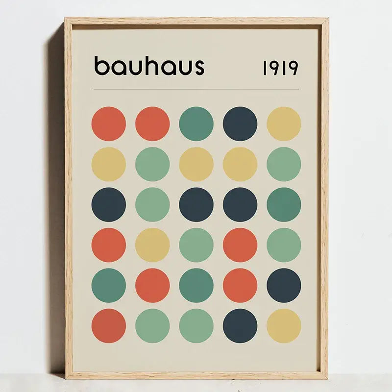 Minimalist DecorBites™ framed canvas poster featuring bauhaus geometric exhibition logo and colorful circles on off-white background