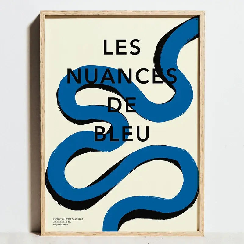 A minimalist decorbites™ bauhaus geometric exhibition canvas art poster with bold blue wavy lines in a light wood frame