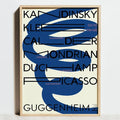 A framed decorbites bauhaus geometric exhibition poster with bold black typography and abstract blue swirls on cream canvas