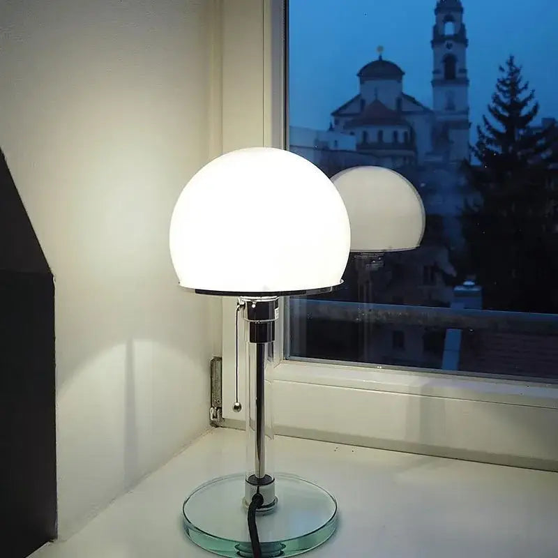 Bauhaus mushroom table lamp in chrome and white glass for bedroom