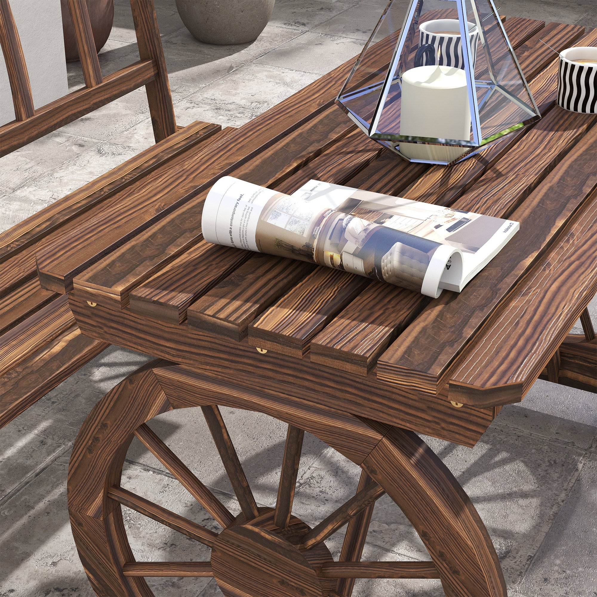 Patio Table and Chairs for 4 People, Wagon Wheel Design, Outdoor Furniture Set for Backyard, Garden, Carbonized