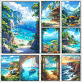 Set of nine vibrant tropical forest canvas wall art featuring beach and coastal scenes by DecorBites blue beach cabin forest canvas wall