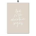 Beige rectangular wall art with elegant white cursive script and so the adventure begins by DecorBites beach landscape decor