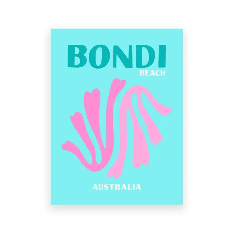 Decorbites™ beach travel posters featuring a vibrant turquoise bondi beach design with pink seashell for living room decor