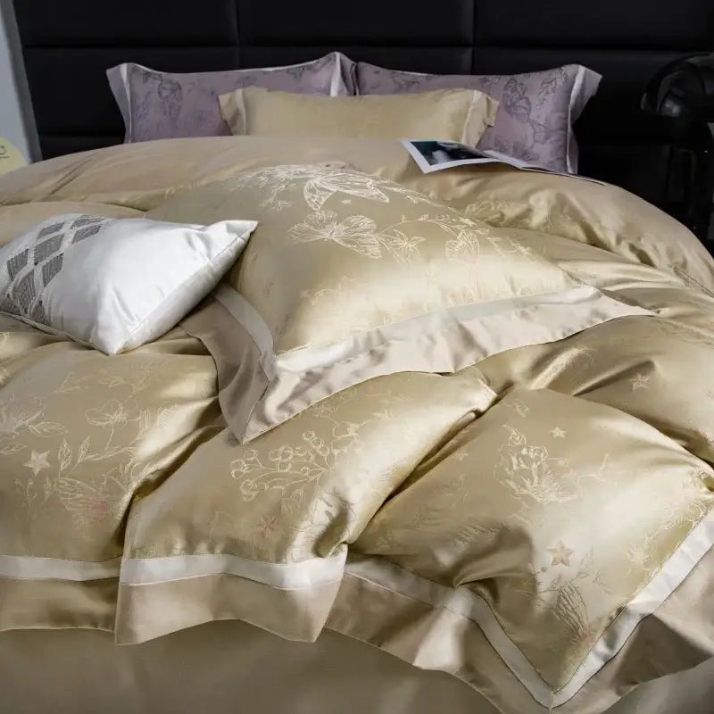 Beige and gold butterfly lyocell cotton bedding set bedroom