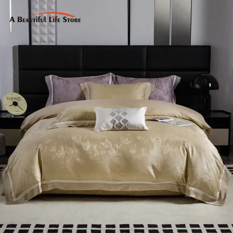 Beige and gold butterfly lyocell cotton bedding set bedroom
