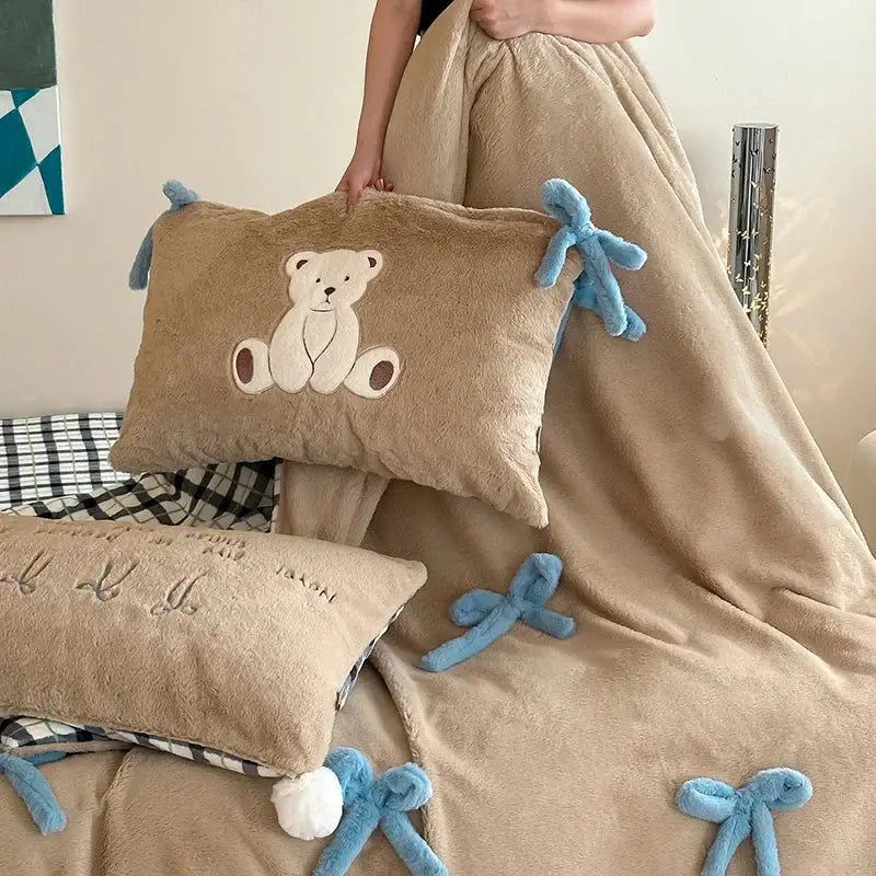 Beige & blue embroidered velvet duvet bedding set bedroom bow decor