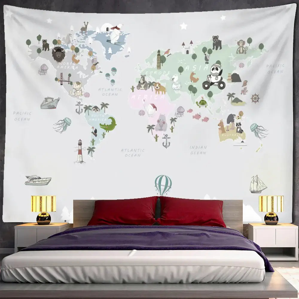 Beige cartoon animals map tapestry children's room wall decor