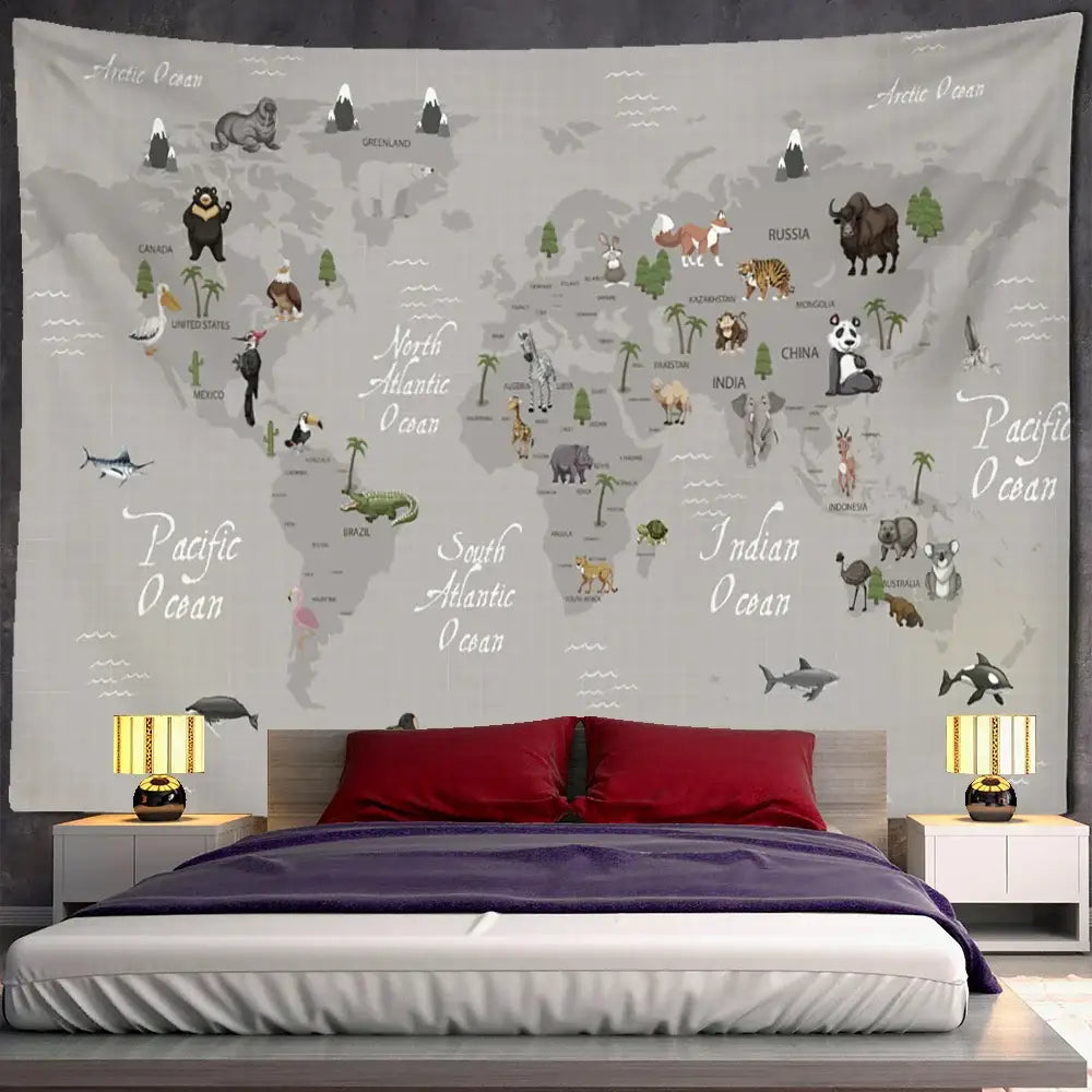 Beige cartoon animals map tapestry children's room wall decor