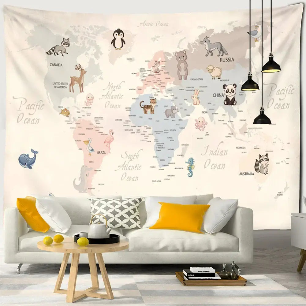Beige cartoon animals map tapestry children's room wall decor