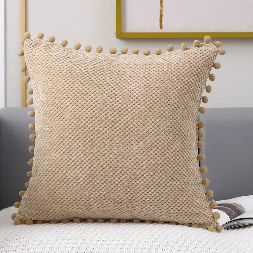 Beige knitted pompom decorative pillow cover living room decor