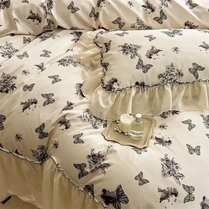 Beige lace ruffles butterfly print bedding set bedroom decor
