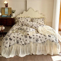 Beige lace ruffles butterfly print bedding set bedroom decor